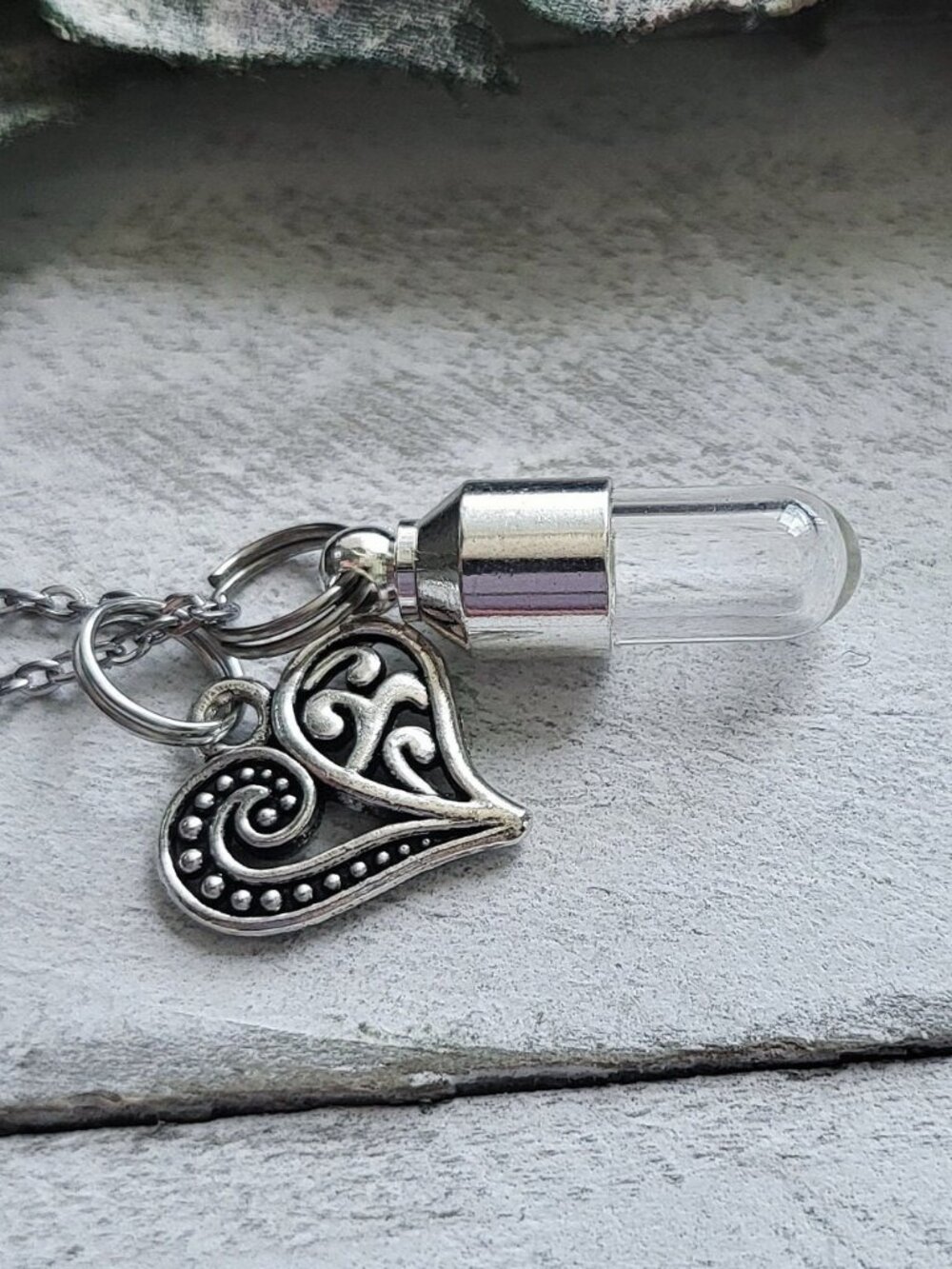 Clear Glass Mini Vial Pendant Necklace with Silver Heart Charm